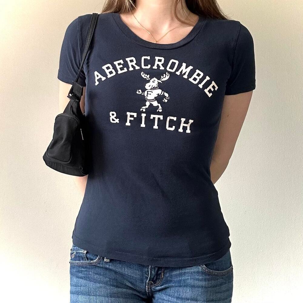 Vintage Y2K Abercrombie & Fitch Navy Spellout Moose Graphic Baby Tee - Small